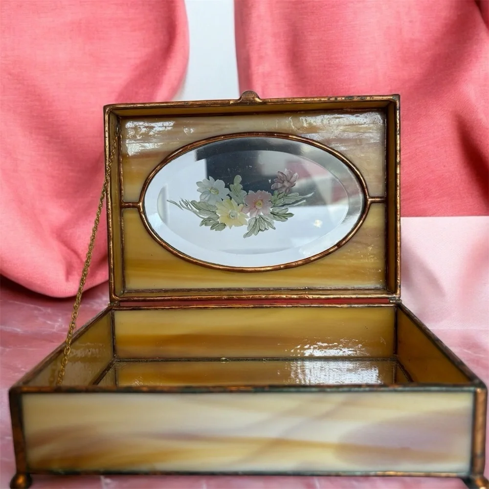 Vintage Stained Glass Jewelry Box with Mirror and Hand Painted Flowers